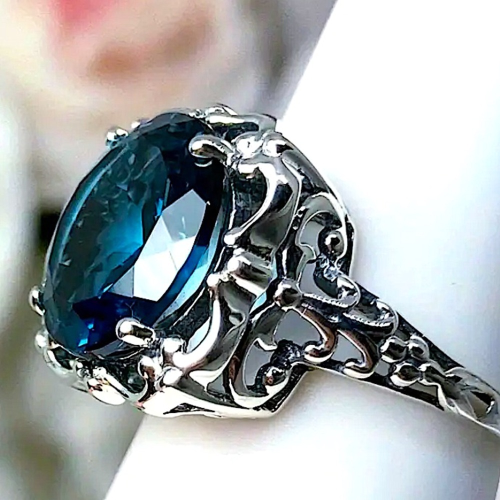 London Blue Topaz Ring 7ct Round Cut Natural Topaz Victorian Ornate Filigree - Picture 3 of 10
